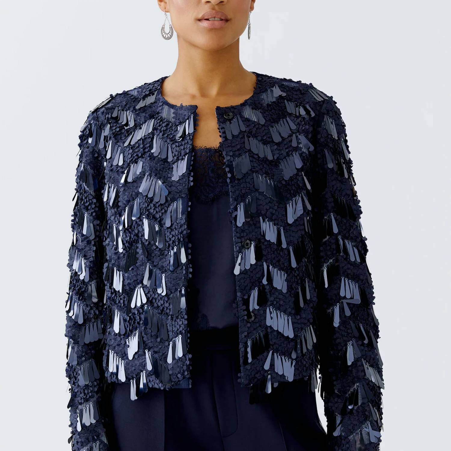 New Oui Sequin Jacket In Navy